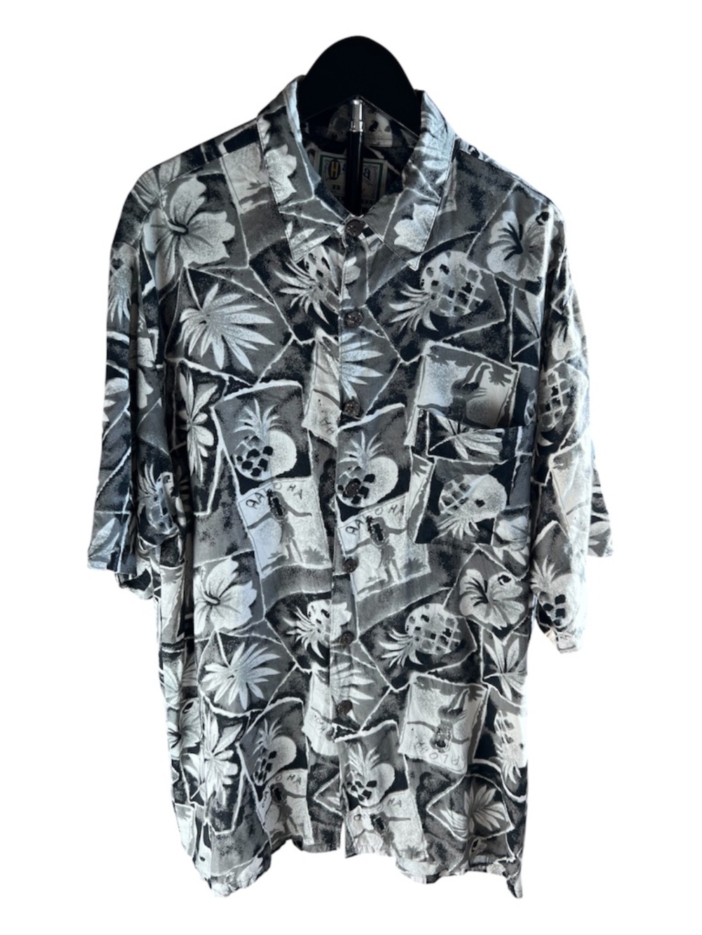 Hana Bay Men’s L Black White and Gray Floral Hawaiian Print Button-Up Shirt